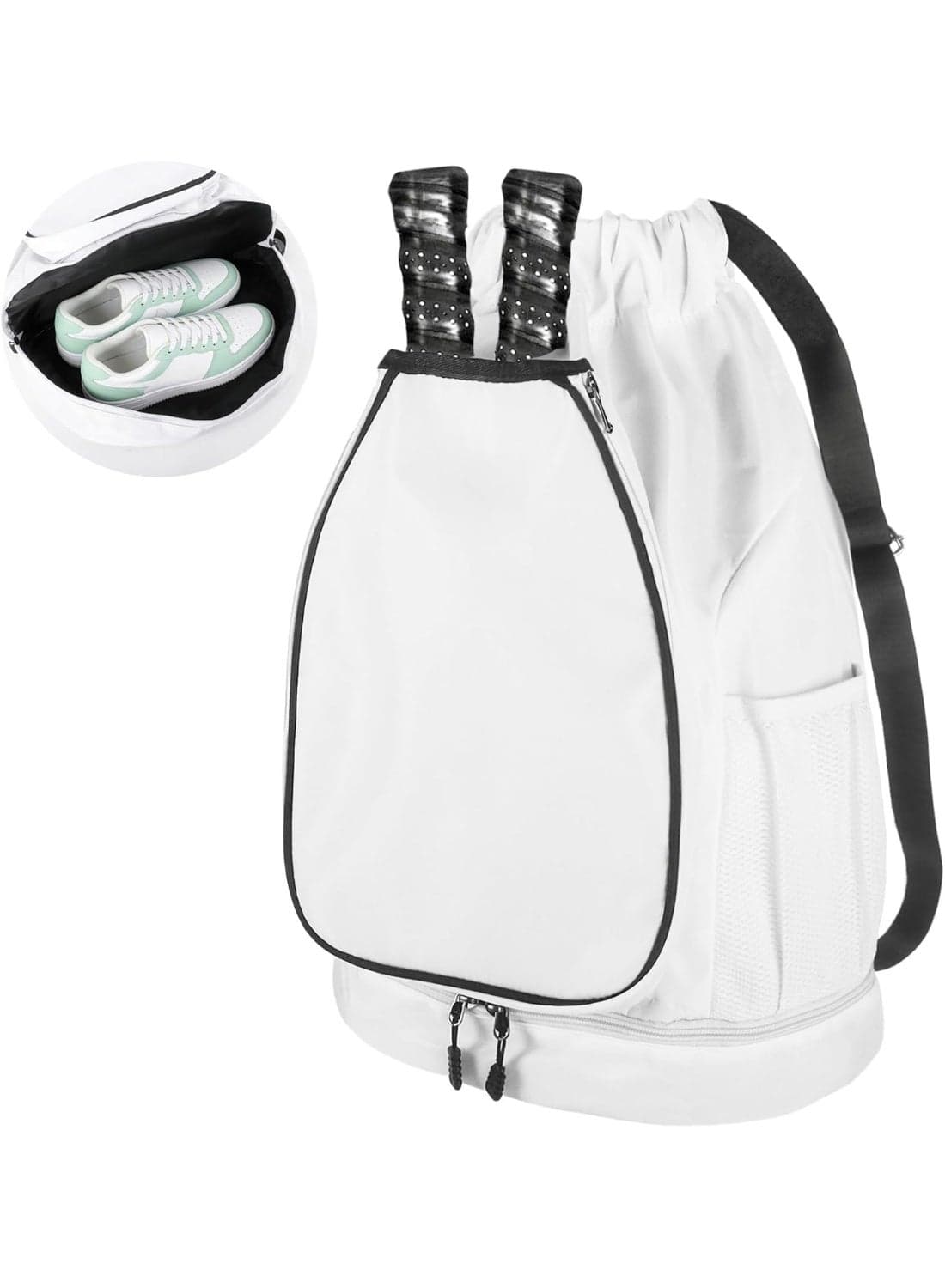 Pickleball Bags for Women Men, Pickleball Backpack with Shoe Compartment, Large Capacity Drawstring Pickle Ball Bag (White)