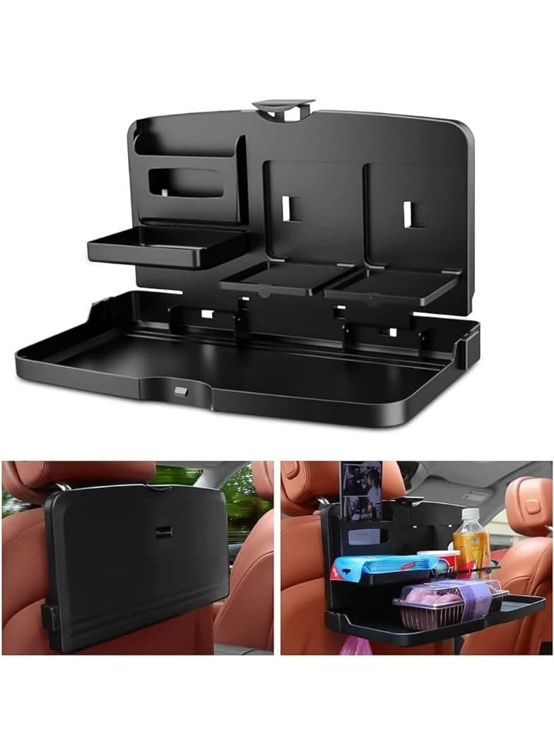 Car Back Seat Tray with Foldable Table,Car Food Tray with Cup Holder,Organizer for Travel Kids & Adults Snack & Meal Desk Headrest Storage Tablet Phone Holder Universal Accessory