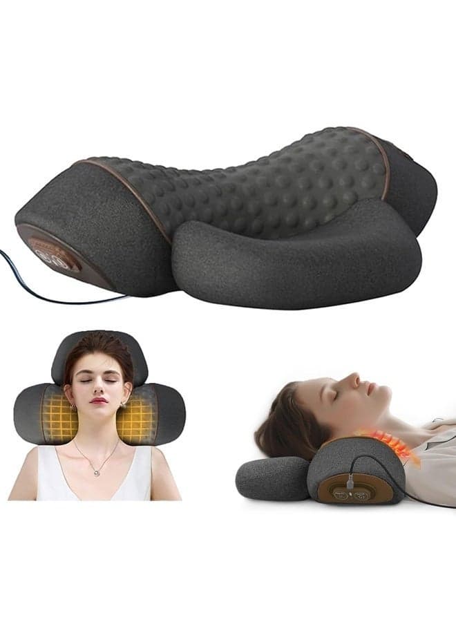 3-in-1 Heated Pillow Massage Neck Hump, Ergonomic Cervical Neck Pillows- 26° Angle Cervical Support with Heat Compress, Plug in Neck Hump Corrector for Pain Relief and Restful Sleep (Dark Grey)