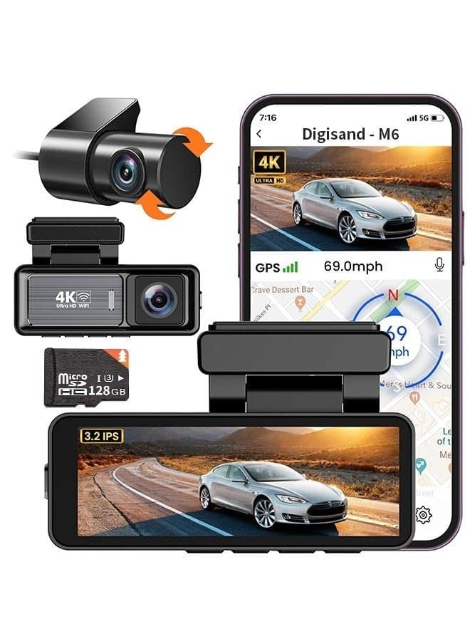 UHD 4K Dash Camera For Car - Front and Rear Dual Lens Car Dash Camera - 3.2" IPS Screen - With 128GB Card, Built-in GPS WiFi, Night Vision, Loop Recording, WDR Video Recorder