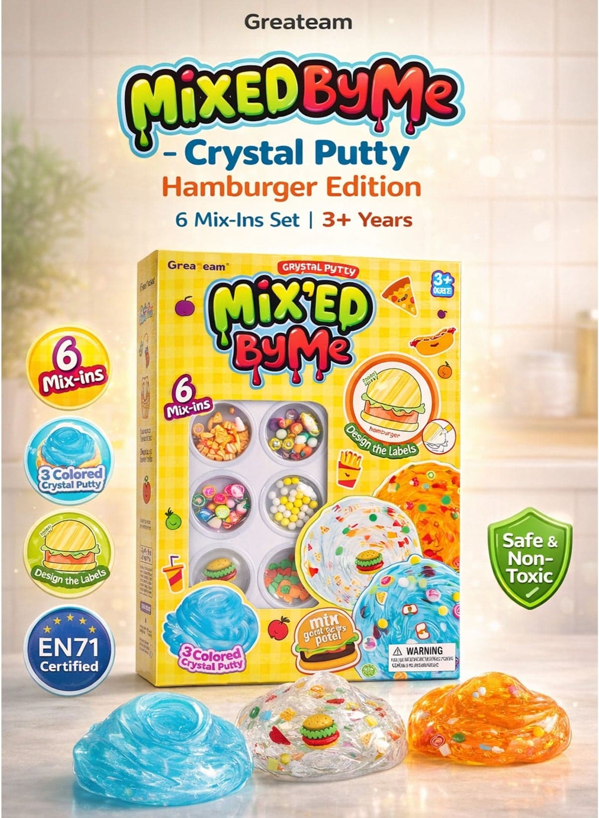 Mixed By Me Crystal Putty Hamburger Edition – 6 Mix-Ins DIY Slime Making Kit for Kids – 3 Colored Crystal Putty in Pot 88–90G – Clear Blue Orange Stretchy Squishy Transparent Slime with Food-Themed Accessories – Mix Your Own Putty – Sensory Fidget Toy for Boys & Girls – EN71 Certified Non-Toxic Safe Educational Creative Toy for Age 3+