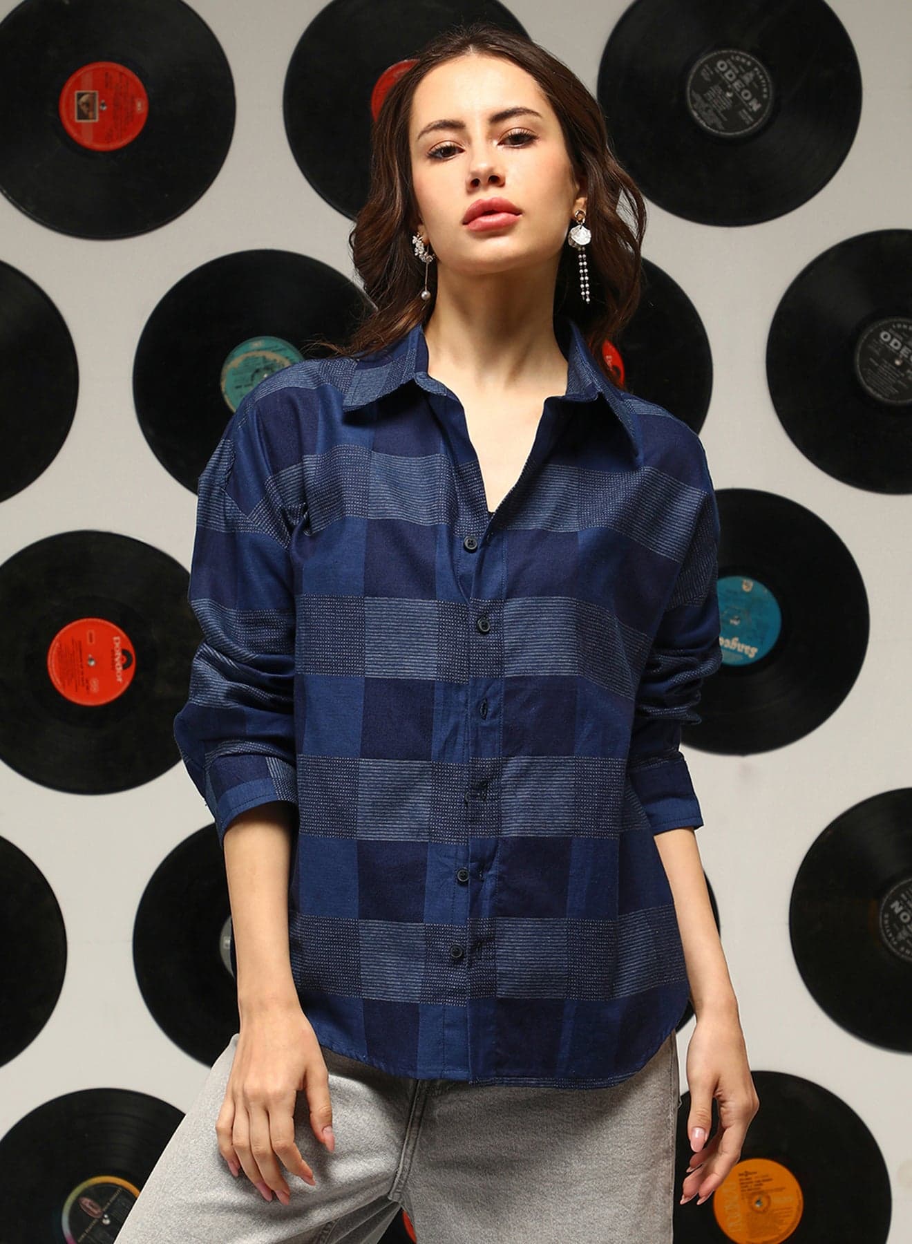 Women's Steel Blue Buffalo-Check Oversized Shirt For Casual Wear | Spread Collar | Long Sleeves | Button Closure | Oversized Shirt Crafted With Comfort Fit For Everyday Wear