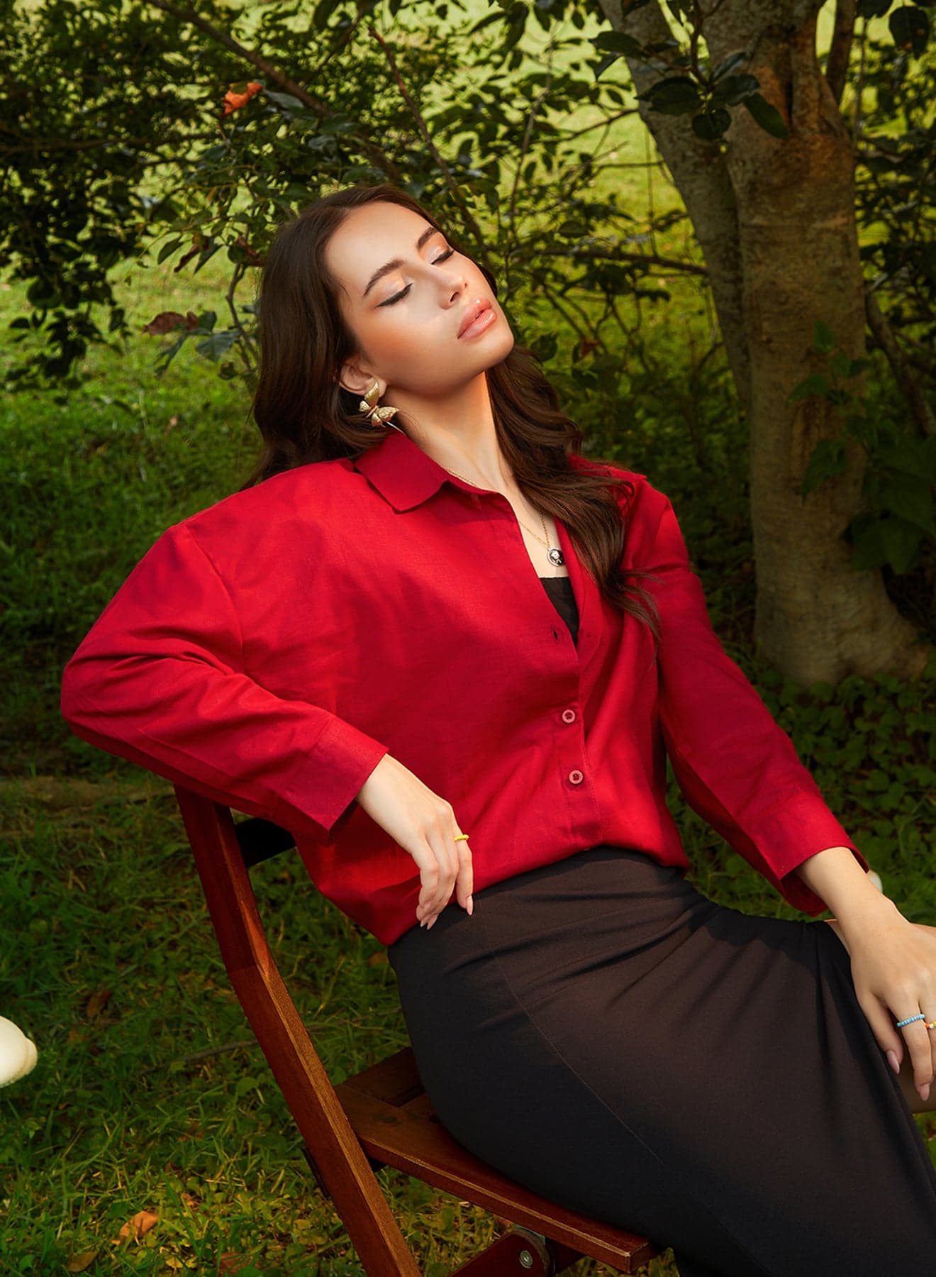 Women's Crimson Red Solid Oversized Shirt For Casual Wear | Spread Collar | Long Sleeve | Button Closure | Oversized Shirt Crafted With Comfort Fit For Everyday Wear