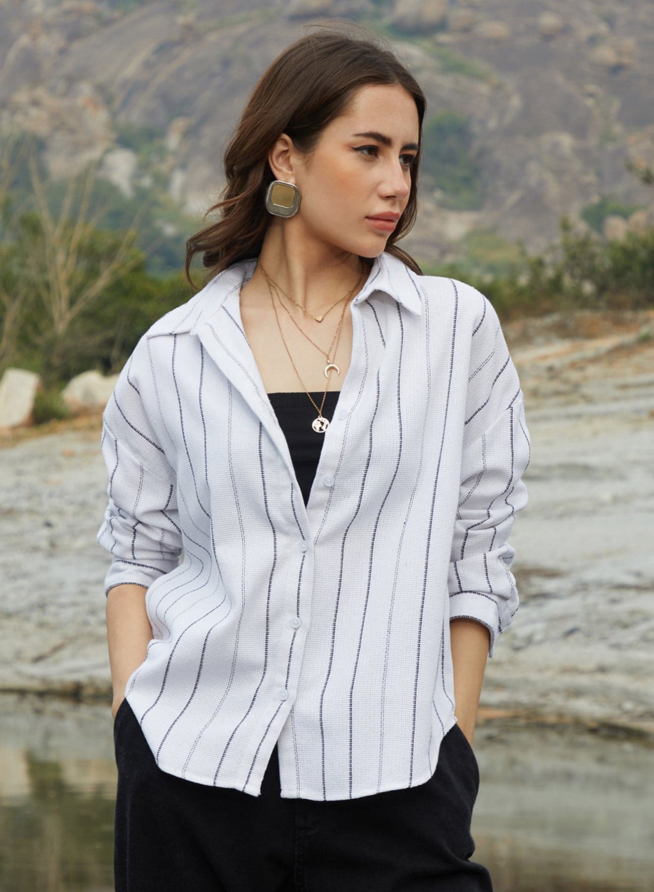 Women's Daisy White Woven Stripe Oversized Shirt For Casual Wear | Spread Collar | Long Sleeve | Button Closure | Oversized Shirt Crafted With Comfort Fit For Everyday Wear