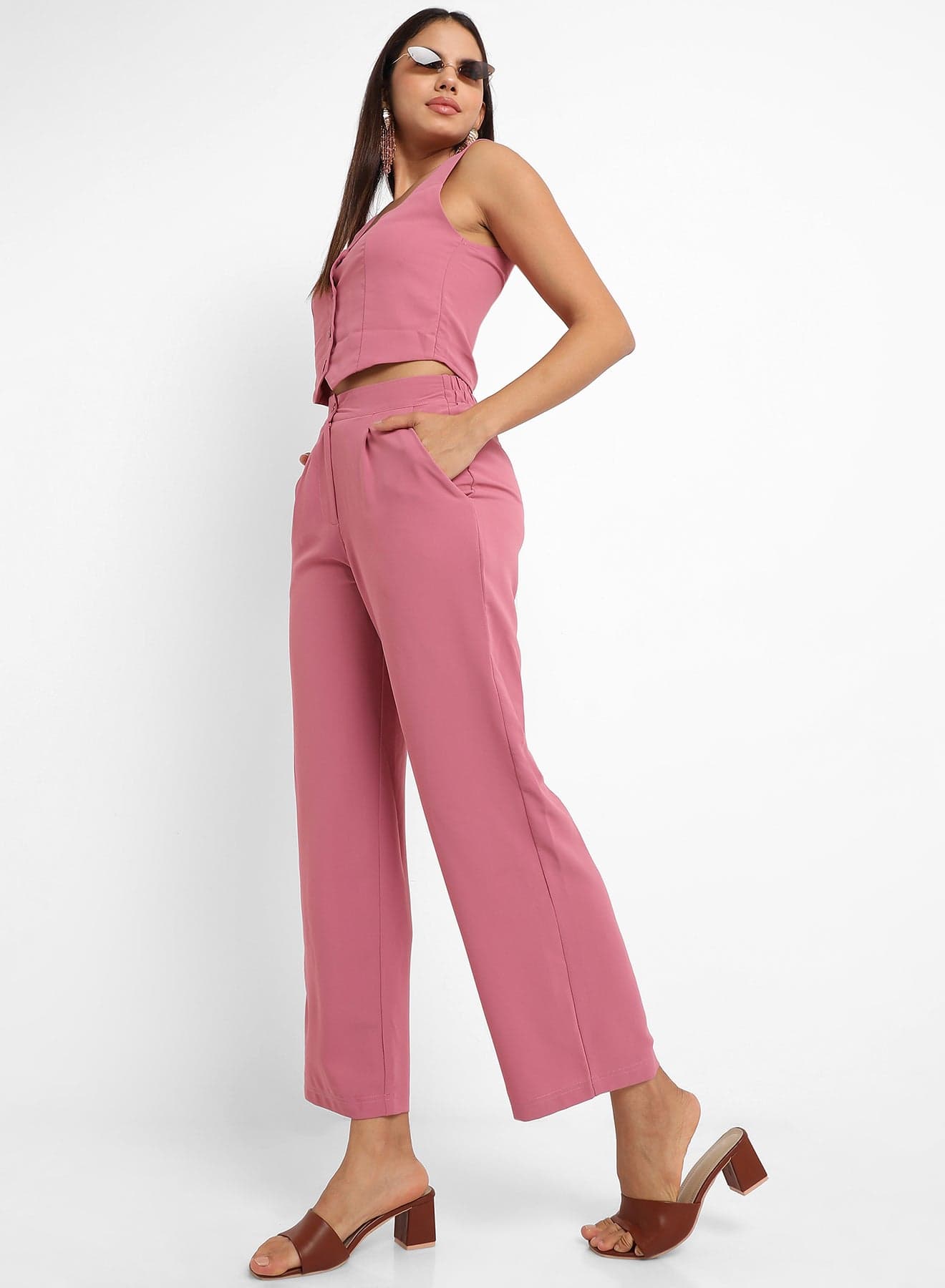 Women's Salmon PInk Chic Vest Co-Ord Set For Casual Wear | Sleeveless | Polyester Fabric | V Neck Clothing Set Crafted With Comfort Fit For Everyday Wear