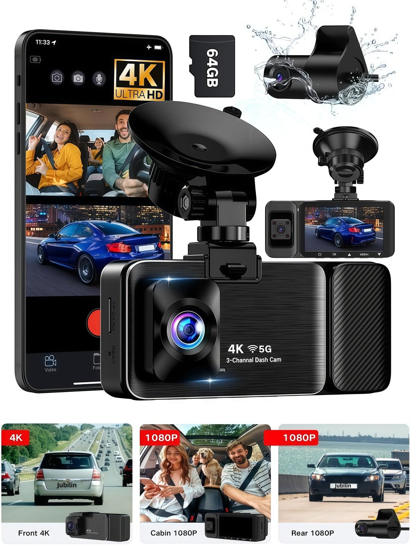 3 Channel 4K Dash Cam Front and Rear Inside 3840*2160P , 5G WiFi Dash Cam, APP Control, Car Camera Night Vision, 3" IPS Screen, G-Sensor, 24H Parking Mode, Loop Recording, 64GB SD Card Included