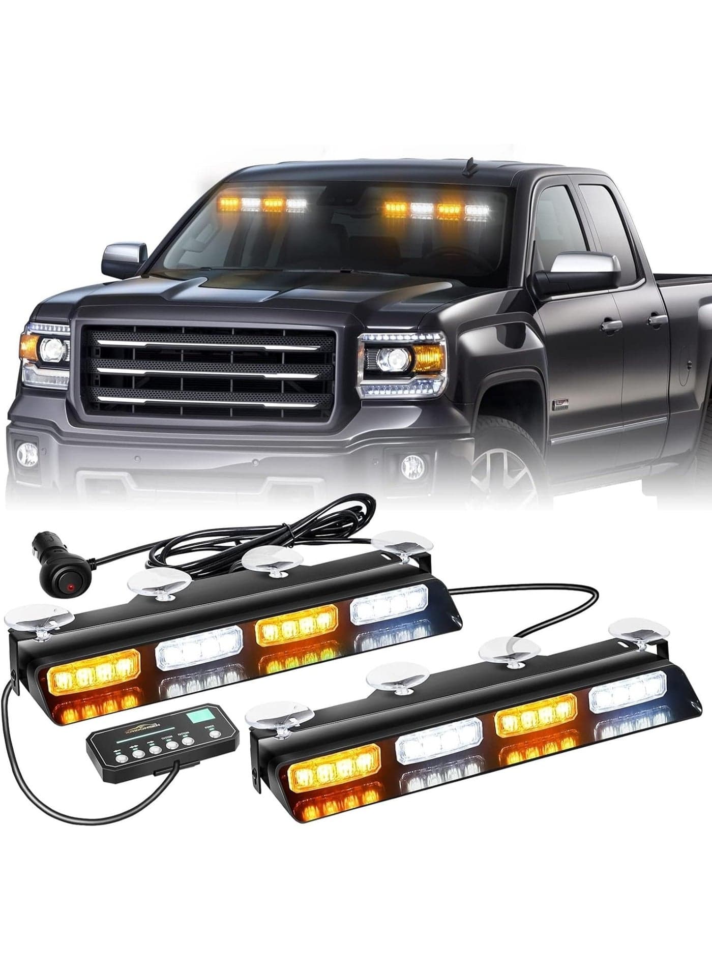 Dash Strobe Lights Safety Flashing Warning Hazard Interior Front/Rear Windshield Deck Split Light Bar w/Suction Cups (Amber White)