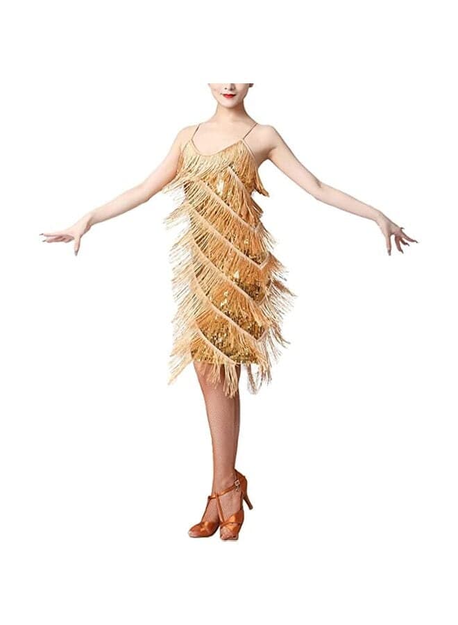Women's Flapper Dress 1920s Sequin Tassel Latin Party Cocktail Dress Ballroom Dance Costume Vintage Fringe Gatsby Dress/Golden/XL