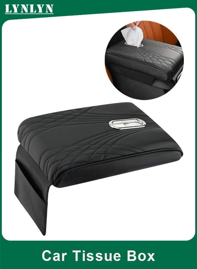 Car Armrest Cushion Tissue Box Organizer, Waterproof Leather Memory Foam Center Console Cover with Storage Pocket, Non-Slip Easy Install, Fits Most Cars SUVs Trucks, Black Angel Pattern (31×21×16cm)