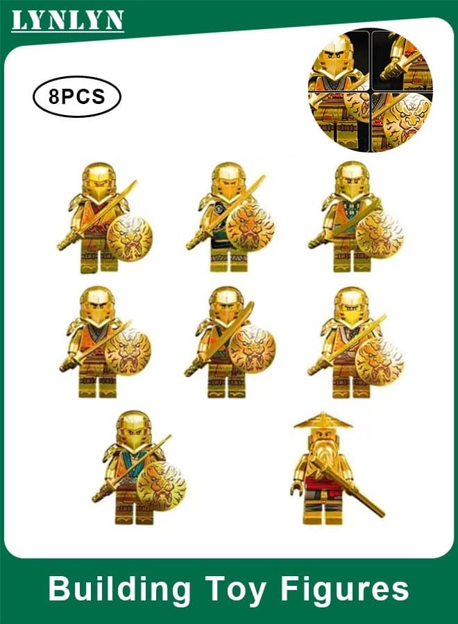 8-Piece Golden Ninja Minifigure Set, Ninja-Themed Collectible Building Toy Figures with Weapons and Accessories