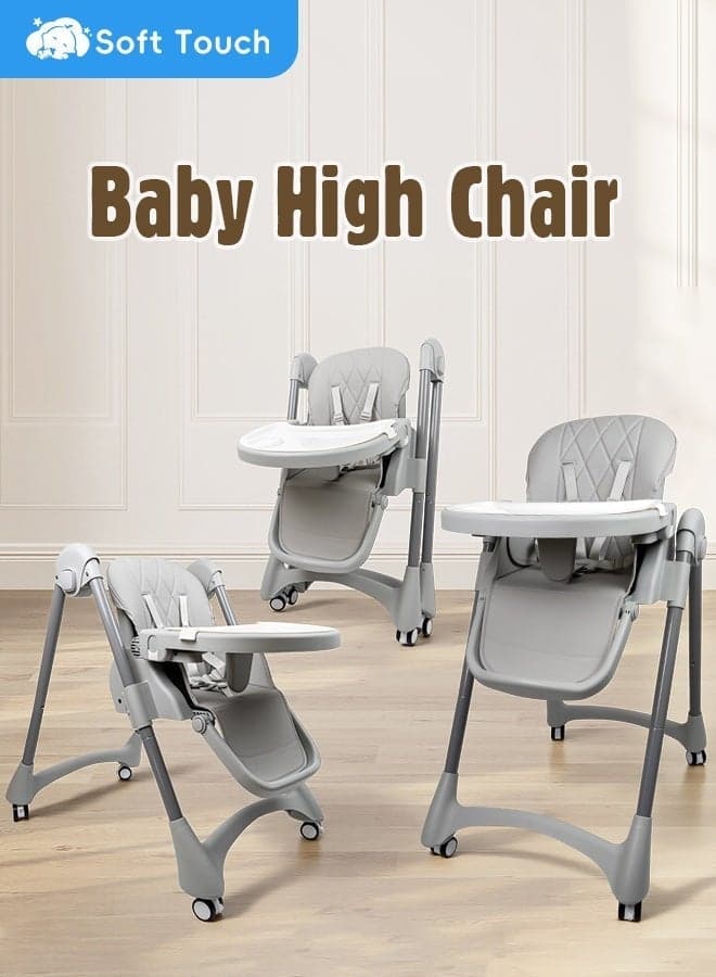 3-in-1 Baby High Chair, Foldable Toddler Feeding Chair with Removable Soft Cushion and Double Tray, 8 Height Levels, 4 Recline Positions, Baby Dining Chair with Wheels and Storage Basket, Baby Dining Chair for 6–36 Months (Grey)