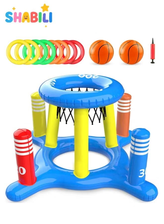 2-in-1 Inflatable Pool Game Set with Basketball Hoop & Ring Toss Float Toys, Includes 2 Inflatable Balls and 8 Colorful Rings, Summer Water Play for Kids and Adults Pool Party Gift (Multicolor)