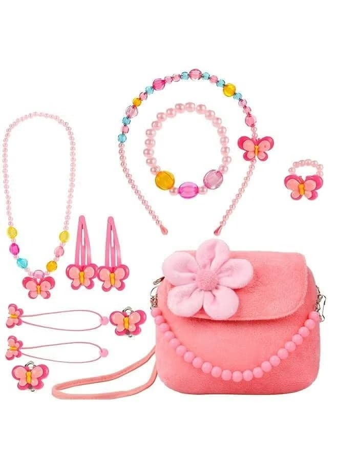 Kids Jewelry Little Girls Plush Handbag Necklace Bracelet Ring Hair Clips Set Game of Children, Baby Girls Games Jewelry Party Favors Gift for Dress up Pretend Play