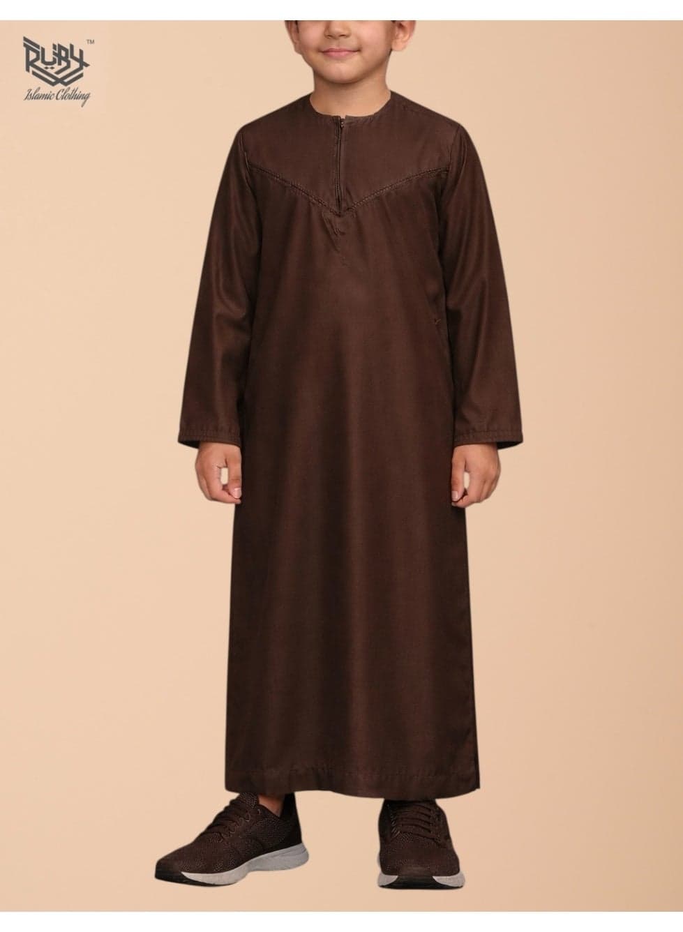 Classic Brown Emirati Thobe Kandura for Children & Kids with Intricate Embroidery, Kandura Kaftan, Round Neck, Long Sleeve, Saudi Arabian Muslim Robe (Without Tassel)