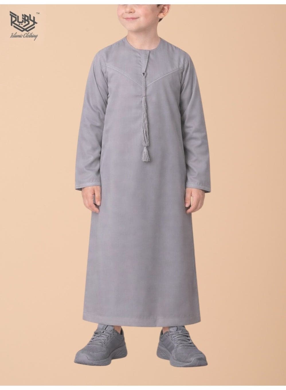 Classic Light Grey Emirati Thobe (Kandura) for Children & Kids with Intricate Embroidery, Kaftan, Round Neck, Long Sleeve, Saudi Arabian Muslim Robe
