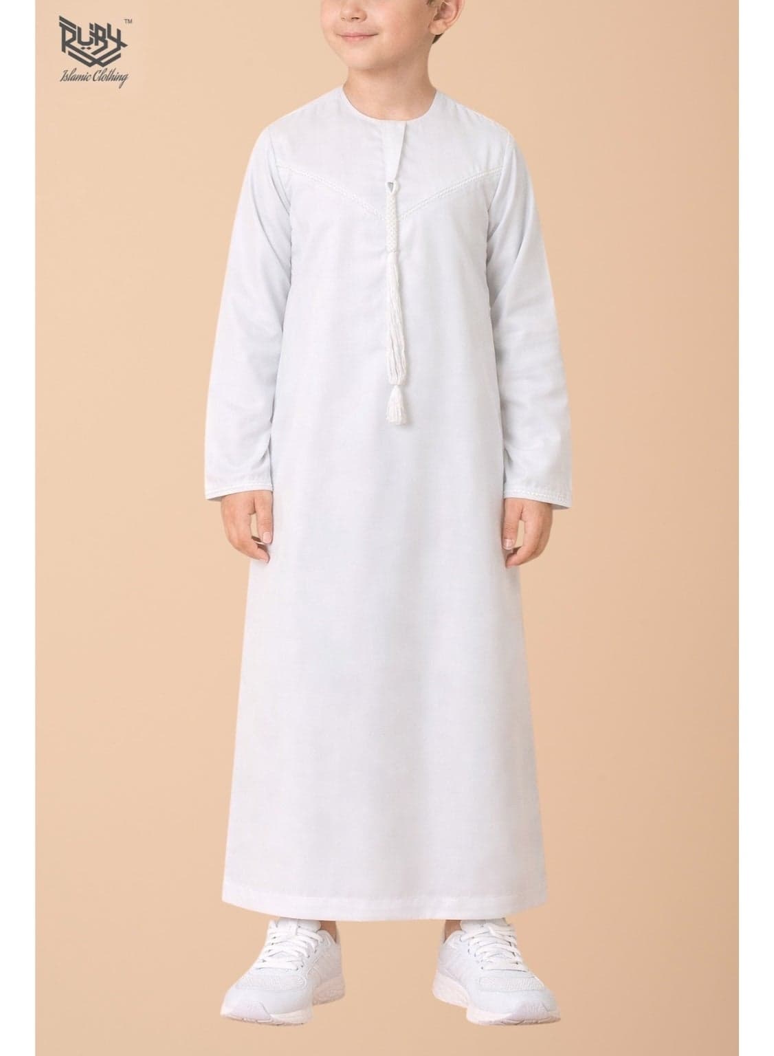 Classic White Emirati Thobe kandura for Children & kids with Intricate Embroidery kandura Kaftan Round Neck Long Sleeve Saudi Arabian Muslin Robe