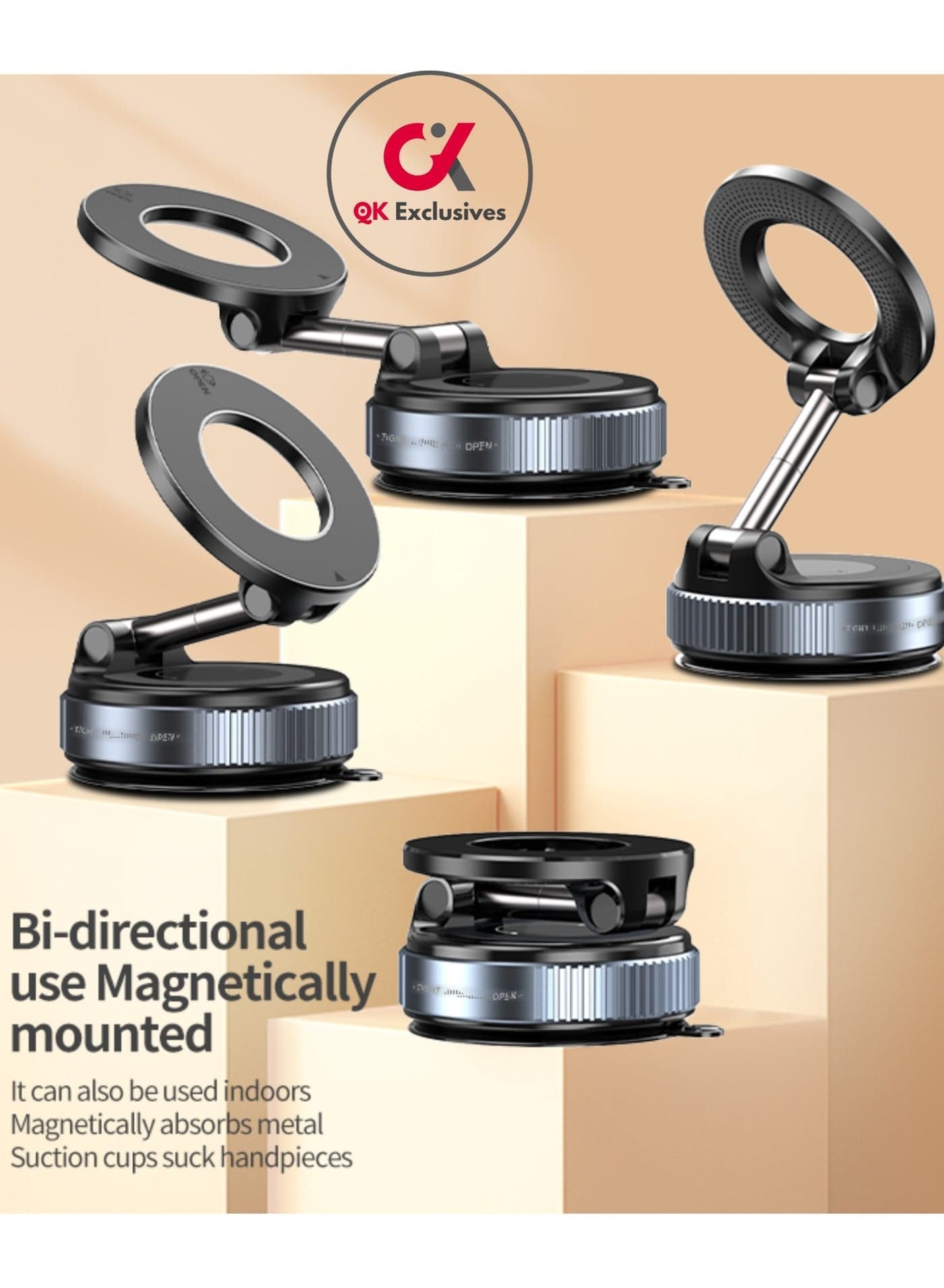 QK Exclusives Car Phone Holder - 360° Adjustable Car Phone Mount - Rotatable and Foldable with strong Vacuum Suction and Magnetic Ring, for Car and Other Smooth Surface