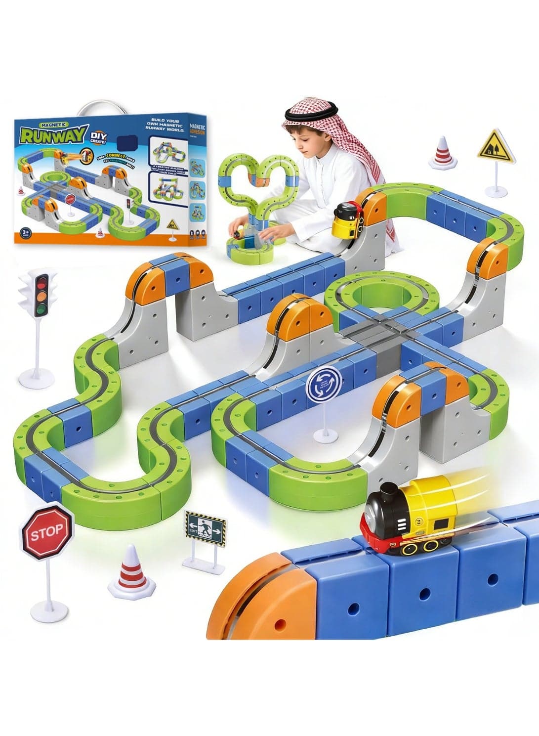 Magnetic Track Set with Electric Train, 126Pcs 3D Infinity Cube Track Set with Train and Traffic Signs, DIY Train Track Stem Learning Toy, for 3 Year+ Old Boys Girls