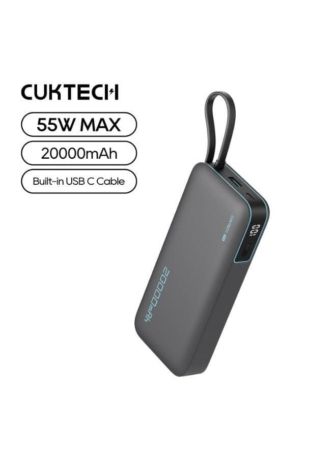 CP25 Power Bank, 20000mAh 55W Portable Travel Charger Built-in USB C Cable, Fast Charging Battery Pack for Xiaomi, Redmi, iPhone, Samsung, Honor, Poco, Switch etc (Grey)