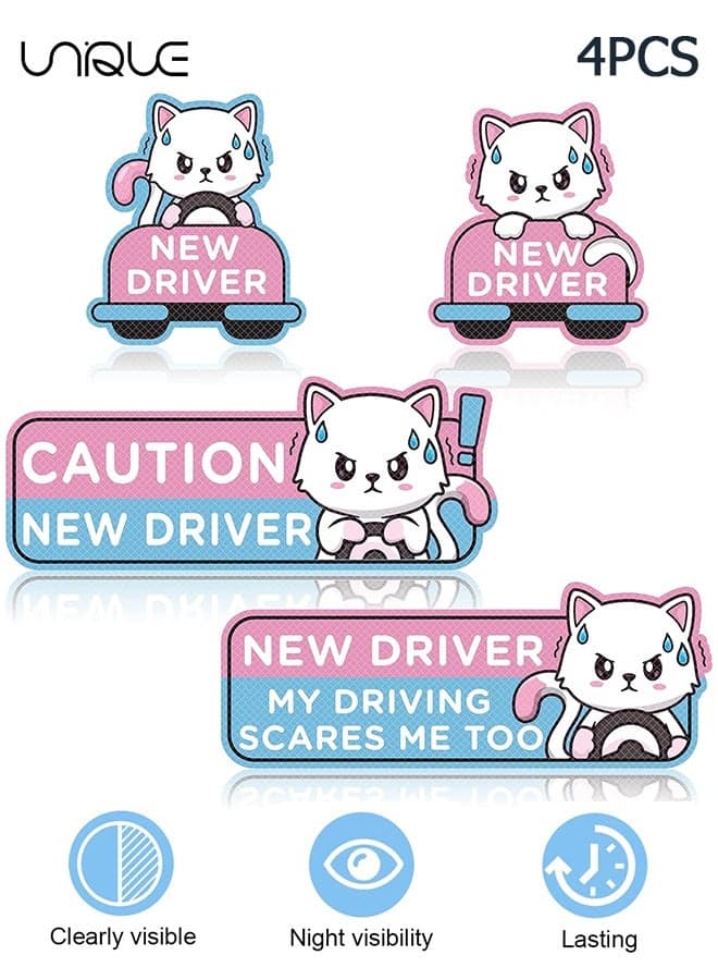 Student Driver Car Magnet - 4 PCS Nervous Cat Please Be Patient Student New Novice Driver Bumper Sticker Light Magnets Safety Warning Magnetic Reflective Rookie Reusable Movable
