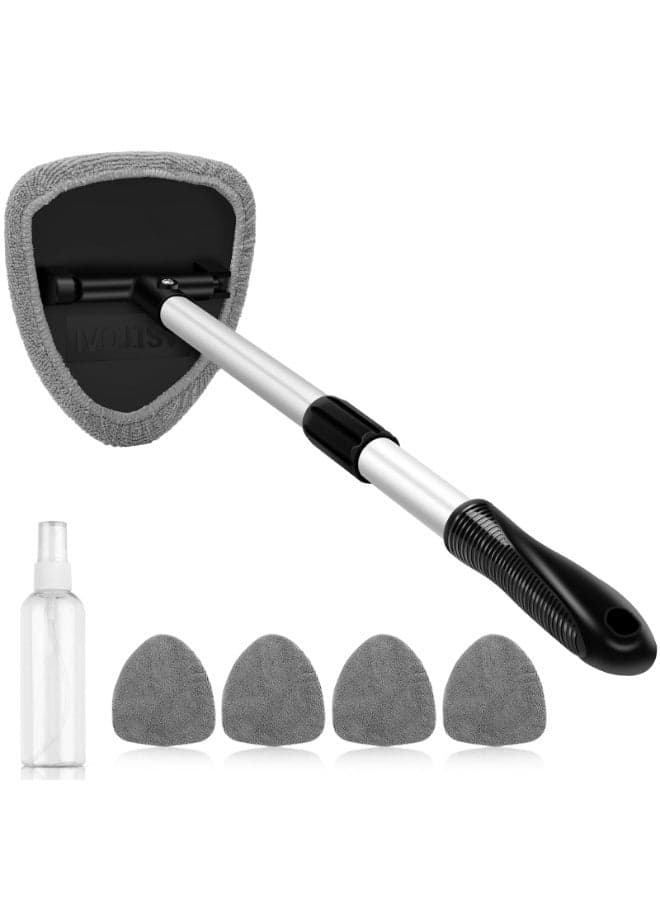Retractable Handle Windshield Cleaning Tool Kit | Car Interior Detail Cleaning Set With 4 Reusable High-Density Microfiber Pads , 1 Spray Bottle | Auto Glass Wiper Scrubber Kit, Grey/Black, 13.77 - 20.07 Inch