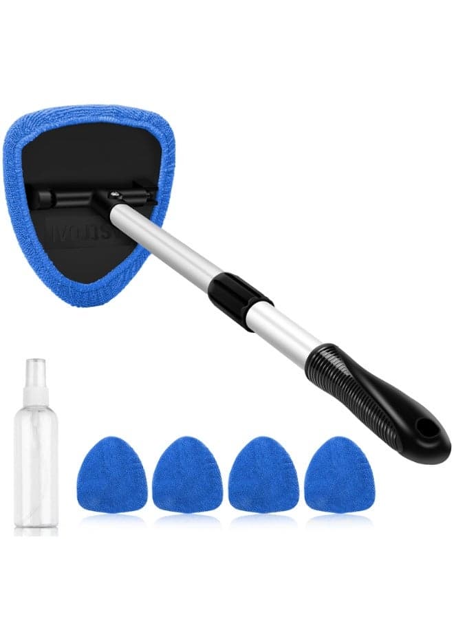 Retractable Handle Windshield Cleaning Tool Kit | Car Interior Detail Cleaning Set With 4 Reusable High-Density Microfiber Pads , 1 Spray Bottle | Auto Glass Wiper Scrubber Kit, Blue/Black, 13.77 - 20.07 Inch