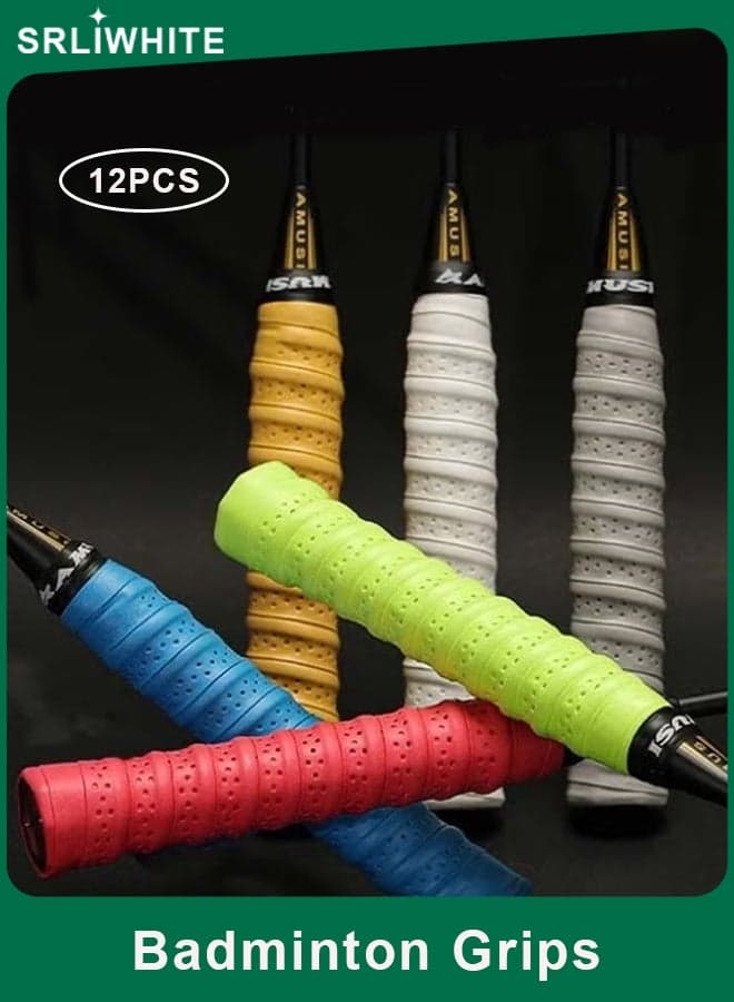 12PCS Tennis or Badminton Overgrips, Anti-Slip Perforated Racket Grip Tape, Ultra Absorbent, Breathable and Quick Dry (6 Colors, 1.1M Length)