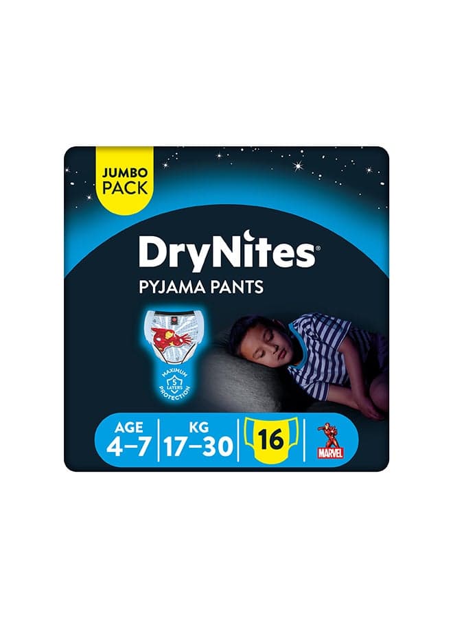 DryNites Pyjama Pants, 4-7 years, Bed Wetting Diaper, Boys, 17-30 kg, Value Pack, 16 Pants