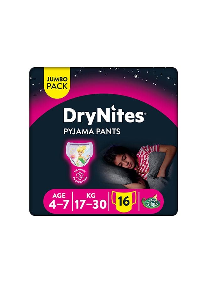DryNites Pyjama Pants, 4-7 years, Bed Wetting Diaper, Girls, 17-30 kg, Value Pack, 16 Pants