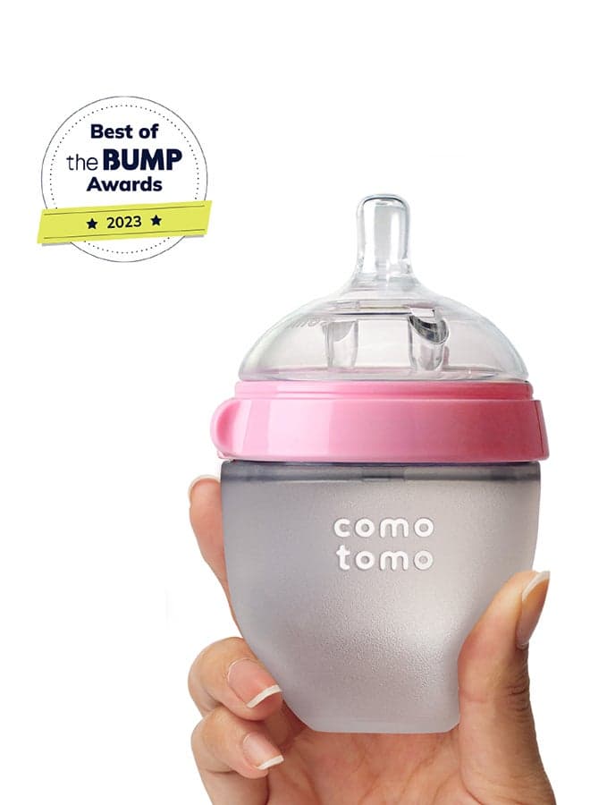 Comotomo Natural Feel Baby Feeding Bottle 150 ml Pink | Soft Silicone Breast-Like Bottle | Anti-Colic Vent System | BPA-Free Wide Neck Design | 3 Months+