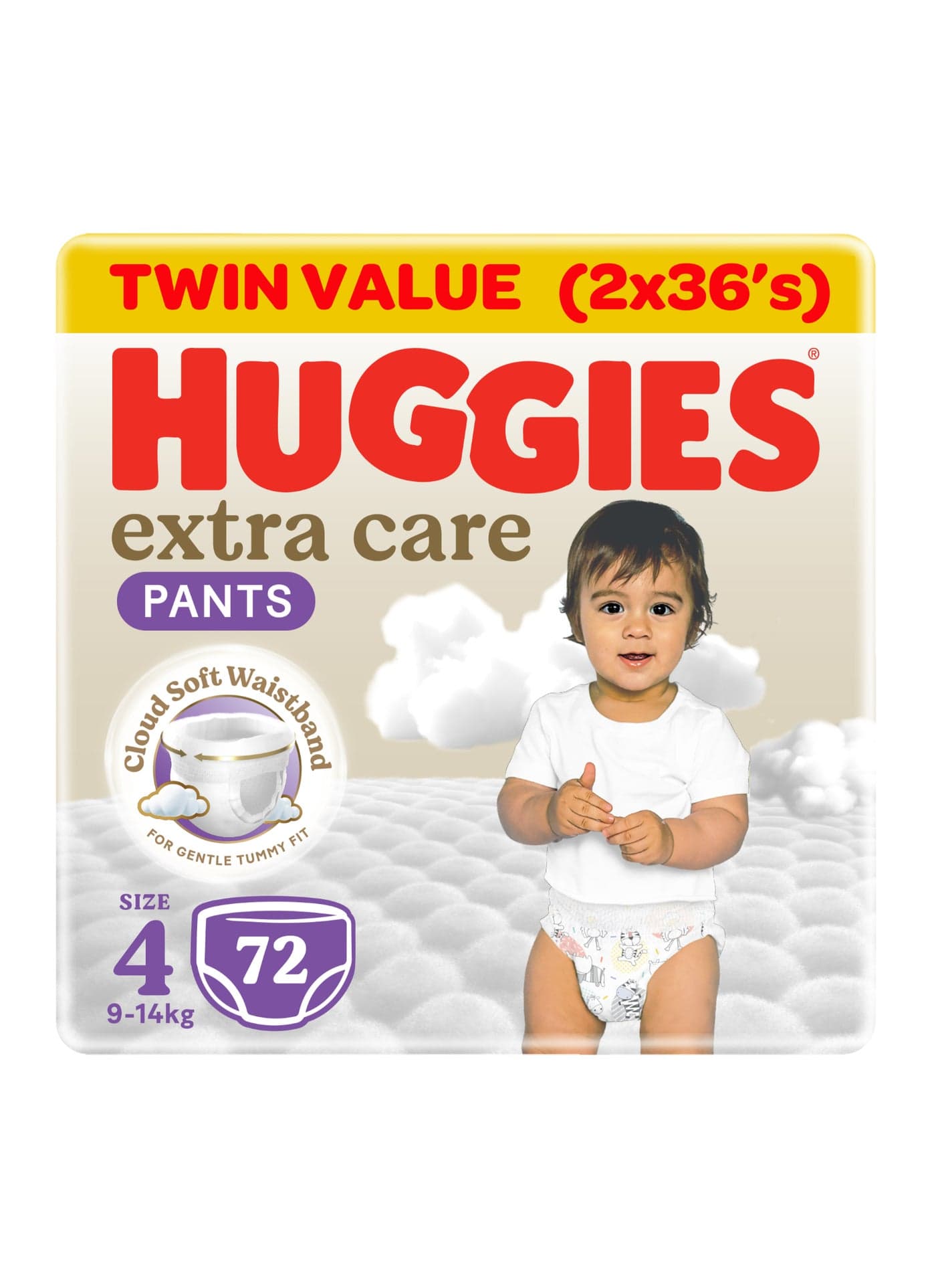 Extra Care Baby Pants Diapers, Size 4, 9 - 14 Kg, 72 Count (36 x 2) - Mega Pack, Cloud Soft Comfort, Dry Touch Layer