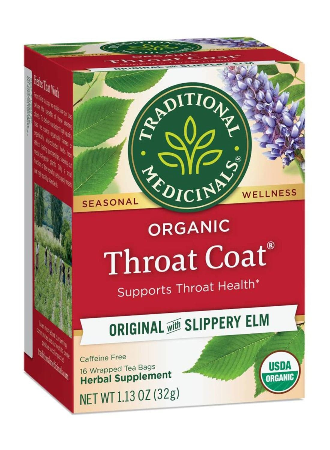 Organic Throat Coat, Infused with Slippery Elm, Support Throat Health, Caffeine Free, 16 Tea Bags