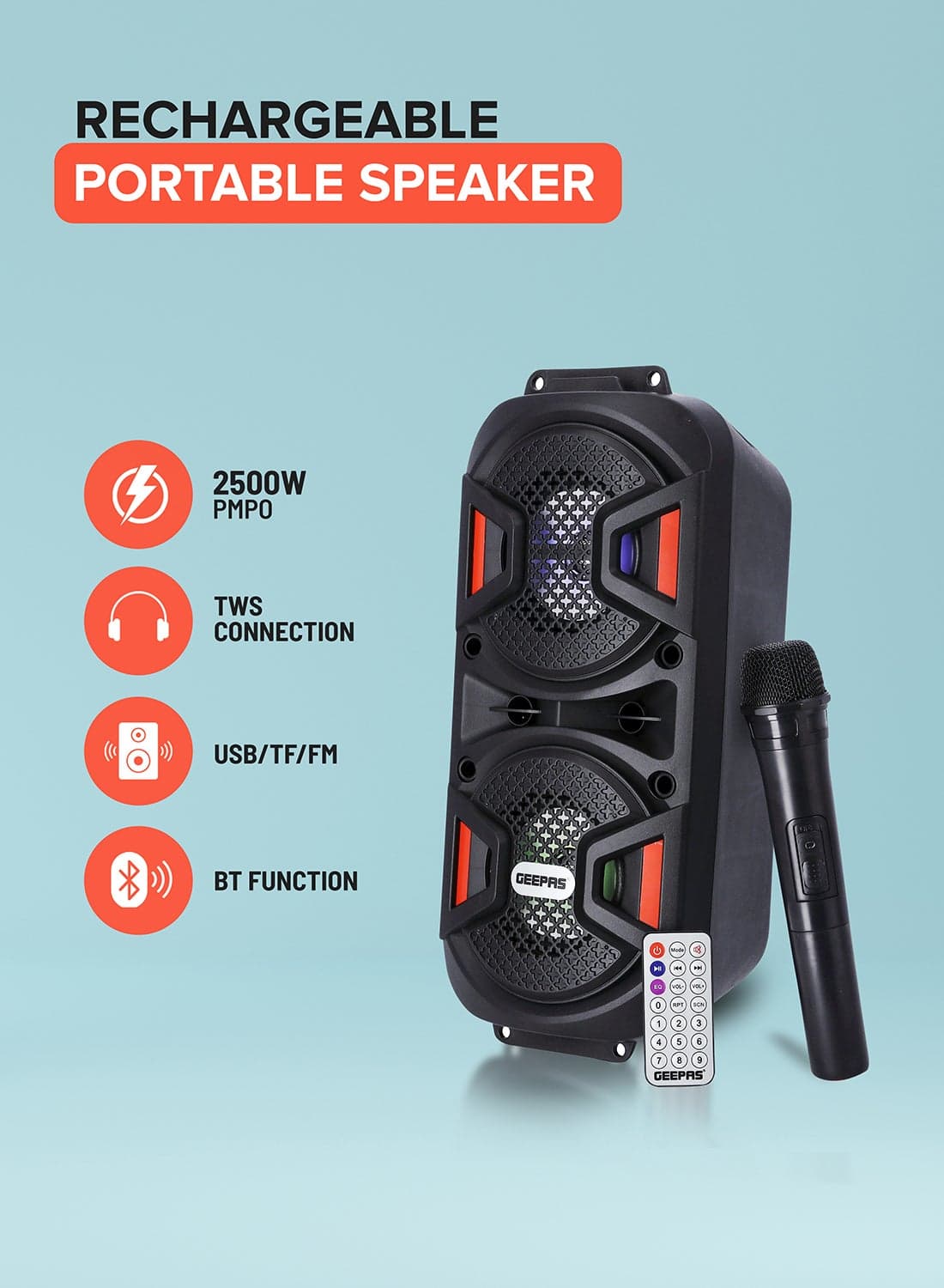 Rechargeable Portable Speaker, Portable Handle with 1500 MAH Huge Battery| TWS Connection & Compatible with BT/ USB/ AUX/ FM/ Micro SD | Ideal for Home, Hotels, Trips & Outdoor Use GMS11187 Black