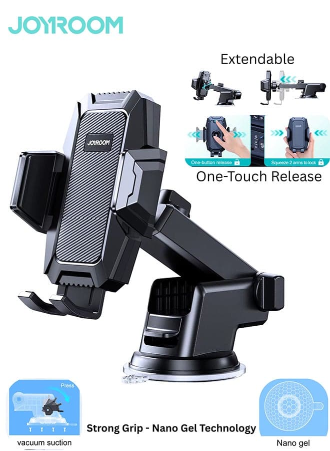 Mobile Holder for Car | Upgraded 2025 Car Phone Holder for Dashboard | 360 Degree Adjustable, Retractable to your comfort, One hand operation, One button release, Nano Gel Strong Grip, Heat Resistance, Holds Mobile Phone Stable on Harsh Roads, High Speeds and Sudden Brakes | Quality Certified Black