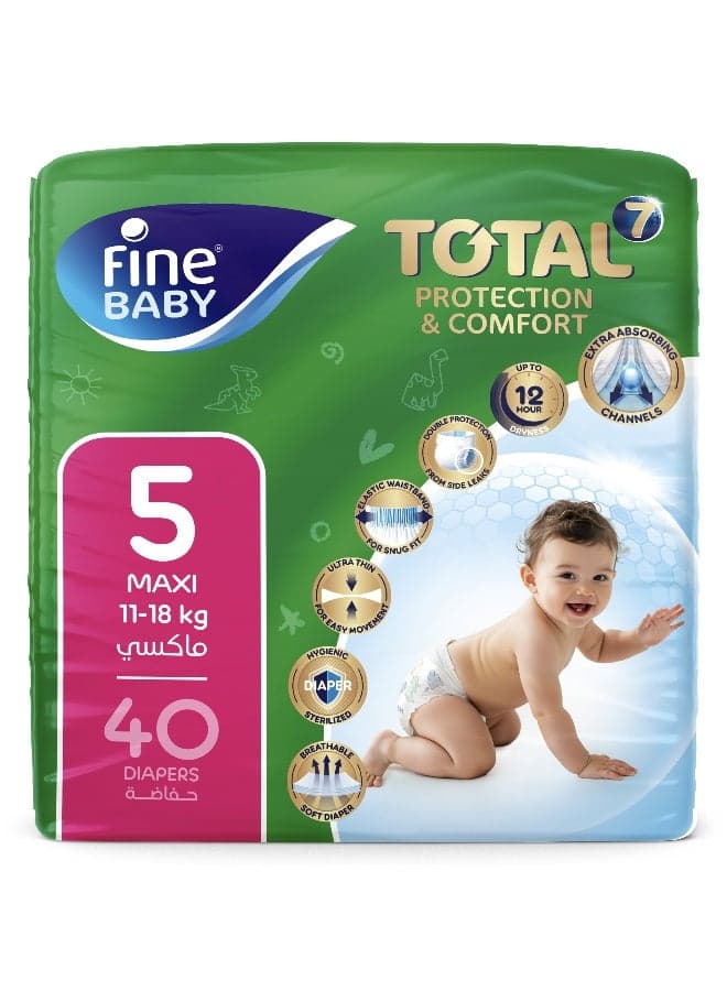 Fine Baby Total 7 Diapers, Size 5 Maxi (12 kg+), 40 Count – Soft, Absorbent & Leak Proof Baby Diapers