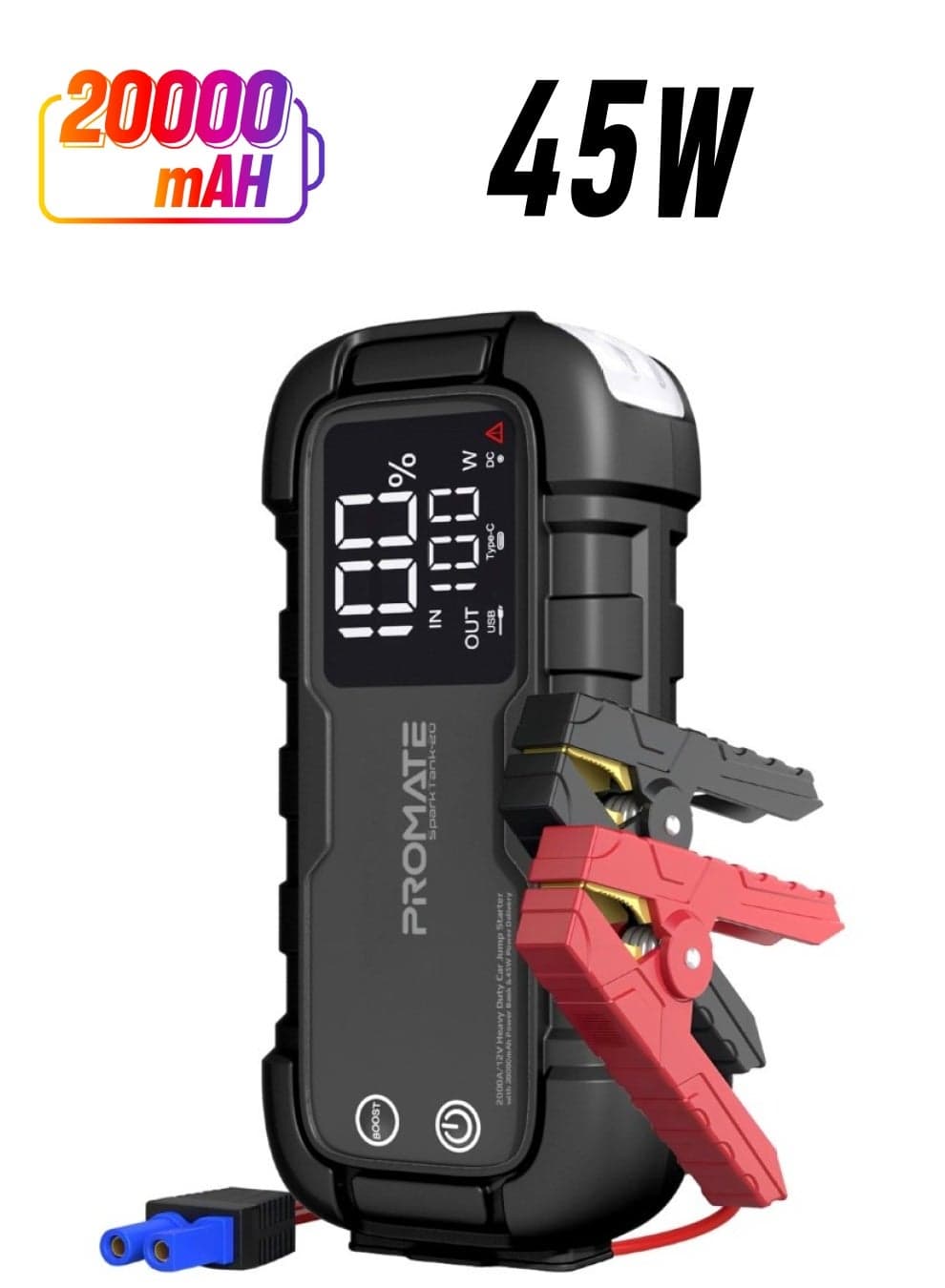 Promate Car Jump Starter Power Bank, 2000A/12V Peak Current 20000mAh Portable Jump Starter with 45W USB-C™ Power Delivery, Dual QC 3.0 USB Ports, LED Light and Smart Clamp for Cars, SparkTank-20