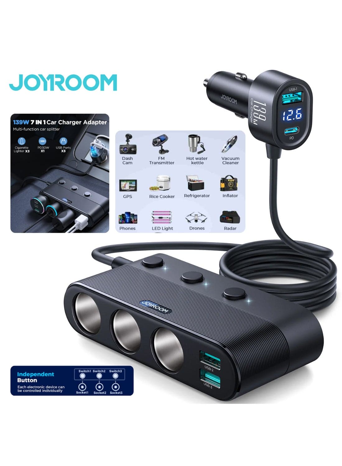 139W Car Charger Splitter with Dual USB Ports, PD30W Fast Charging & LED Voltage Display | 1m Thick Cable, Cigarette Lighter Adapter with Independent Switches, Overheat Protection for UAE Weather – Safe Power for All Devices Black