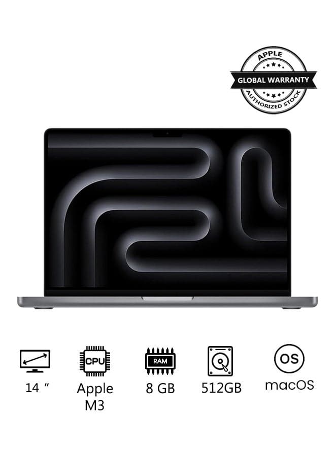 Macbook Pro MTL73 | 14 Inch Display | Apple M3 Chip | 8-Core CPU and 10-Core GPU | 8GB RAM | 512GB SSD | macOS | English And Arabic Keyboard | Space Grey