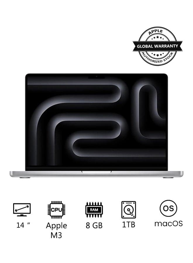 Macbook Pro MR7K3 | 14 Inch Display | Apple M3 Chip | 8-Core CPU and 10-Core GPU | 8GB RAM | 1TB SSD | macOS | English And Arabic Keyboard | Silver