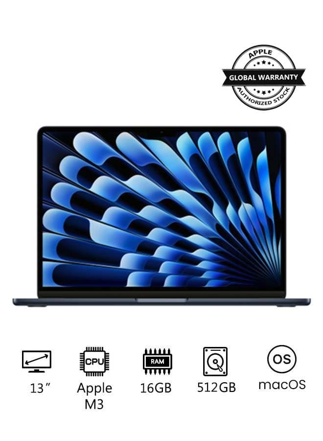 MacBook Air MXCV3 | 13 Inch Display | Apple M3 Chip | 8-Core CPU and 10-Core GPU | 16GB RAM | 512GB SSD | macOS | English And Arabic Keyboard | Midnight