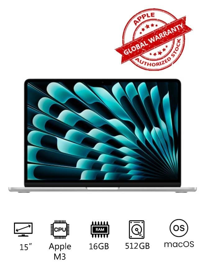 MacBook Air MXD23 | 15 Inch Display | Apple M3 Chip | 8-Core CPU and 10-Core GPU | 16GB RAM | 512GB SSD | macOS | English And Arabic Keyboard | Silver