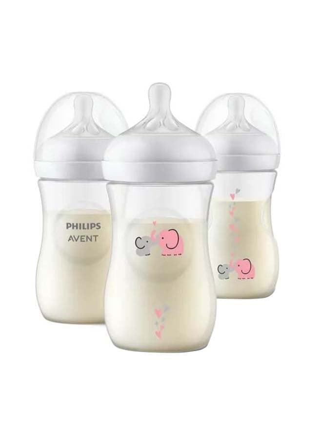 Natural Baby Bottle With Natural Response, Pink Elephant Design, 260 ml, 1m+, 3 Pieces