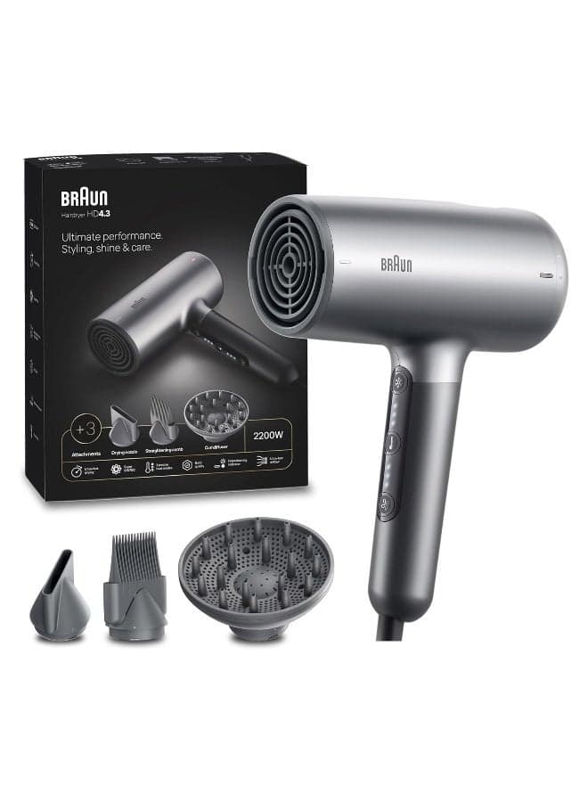 Hair Dryer with HTDC Motor, 2200W Power, Super IONTEC Function, Touch Control, 3 Heat Modes, Styling Nozzle, Straightening Comb Attachment, Curl Diffuser - BRHD435SDE Electro Grey