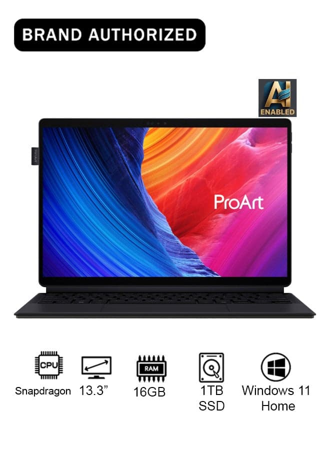 ProArt PZ13 2-in-1 Detachable Touchscreen Laptop With 13.3-Inch Display, Qualcomm Snapdragon X Plus Processor/16GB RAM/1TB SSD/Intel UHD Graphics/Windows 11 Home with Copilot Key & Stylus Pen English/Arabic Nano Black
