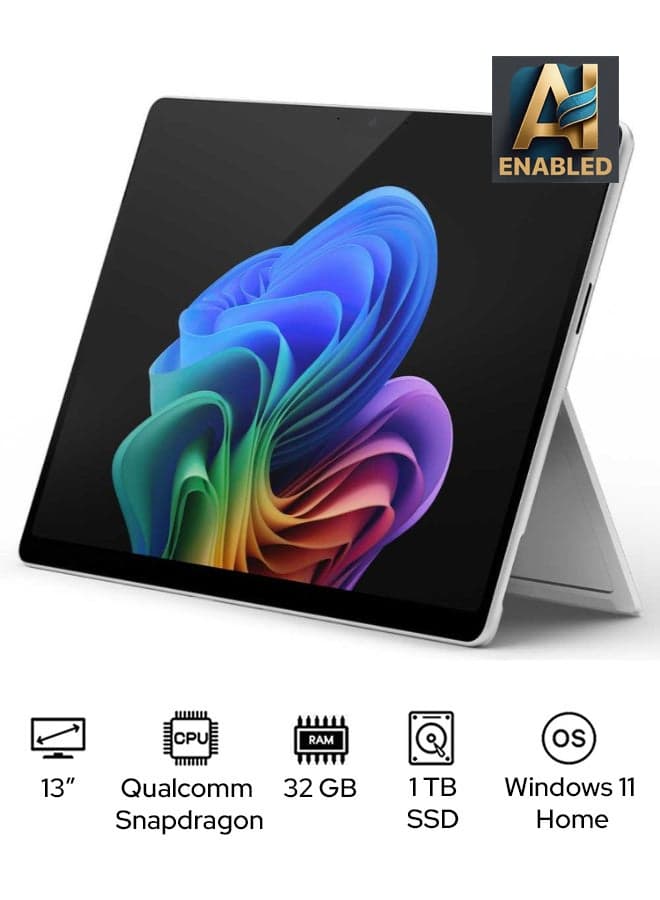 Surface Pro 11 Copilot+ PC Tower PC13-Inch Display, Qualcomm Snapdragon X Elite Processor/32GB RAM/1TB SSD/Qualcomm Adreno Graphics/Windows 11 Home English/Arabic PLATINUM