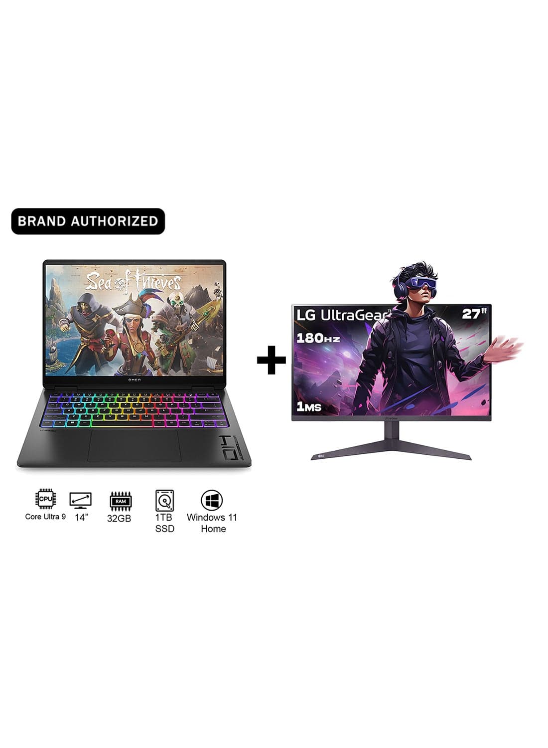 OMEN Transcend 9V8S7EA Laptop With 14-Inch Display, Core Ultra 9-185H Processor/32GB RAM/1TB SSD/8GB Nvidia Geforce RTX 4070 Graphics Card/Windows 11 Home + Gaming Monitor English Shadow black