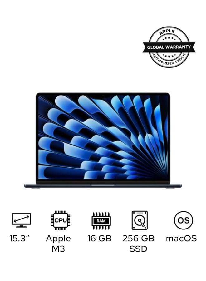 MacBook Air MC9G4 | 15.3 Inch Display | Apple M3 Chip | 8-Core CPU and 10-Core GPU | 16GB RAM | 256GB SSD | macOS | English And Arabic Keyboard | Midnight