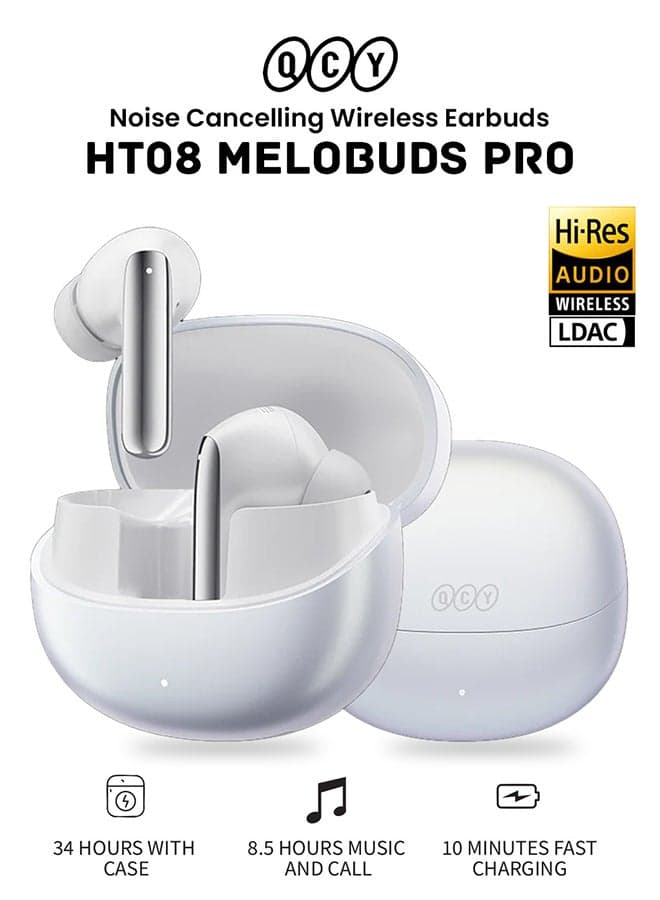 MeloBuds Pro HT08, Wireless Earbuds, Active Noise Cancellation Bluetooth Earphone, Comfortable Fit, Ultra-Low Latency Gaming Earbuds, 34 Hours Playtime White