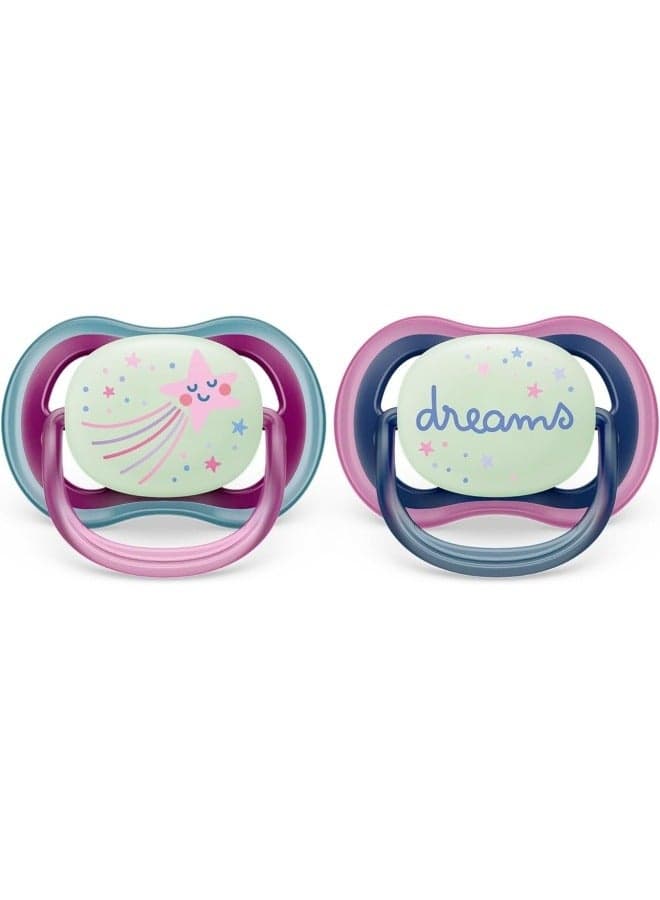 Soother Ultra Air Nighttime 6-18M For Girls, 2 Pieces | No.1 Brand Recommended by Moms Worldwide | Glows in the dark |Light |Breathable |BPA free | Orthodontic with Sterilization Case