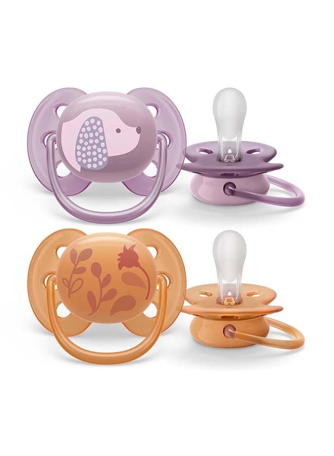 Soother Ultra SOFT 6-18M For Girls, 2 Pieces | No.1 Brand Recommended by Moms Worldwide | Light, Soft, BPA free, Orthodontic with Sterilization Case